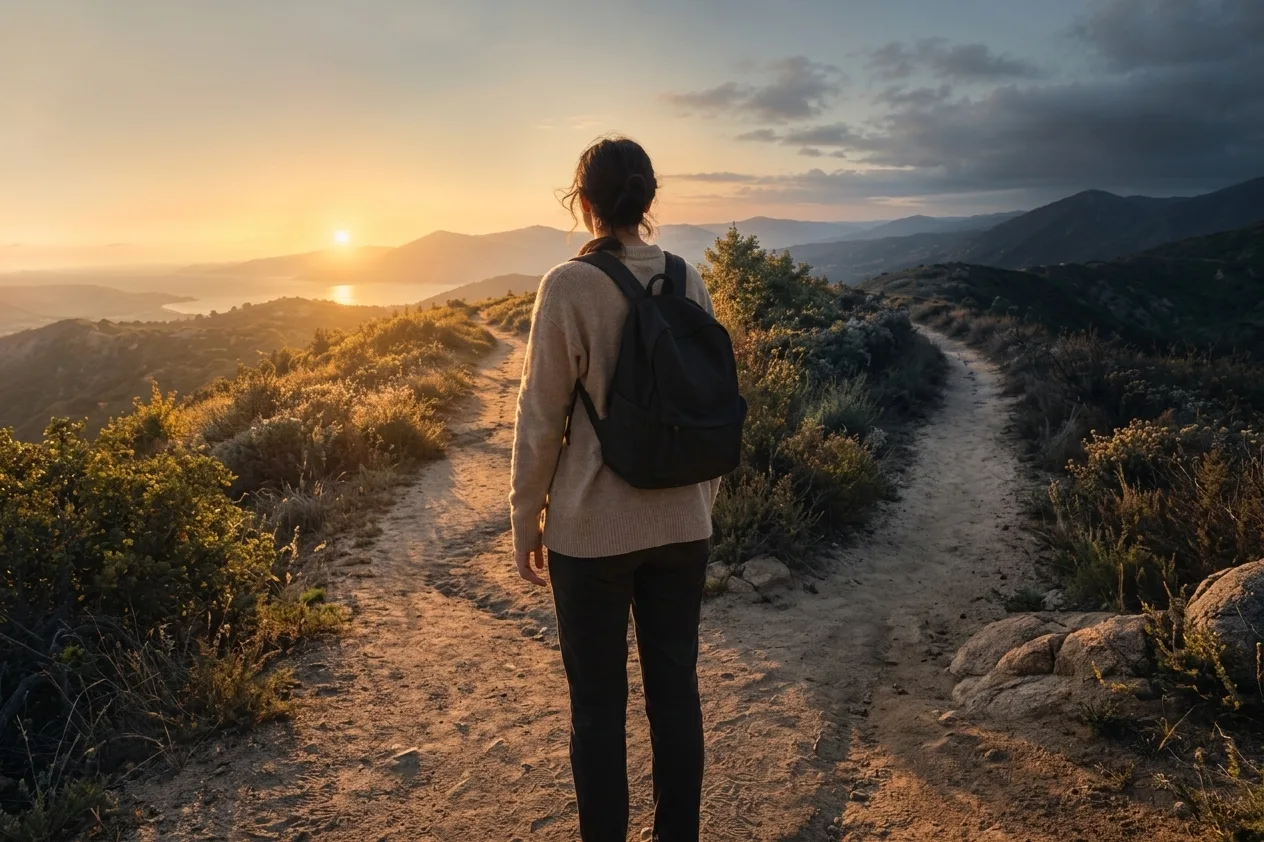 Pessoa em uma trilha ao entardecer, diante de uma bifurcação de caminhos com o sol se pondo no horizonte