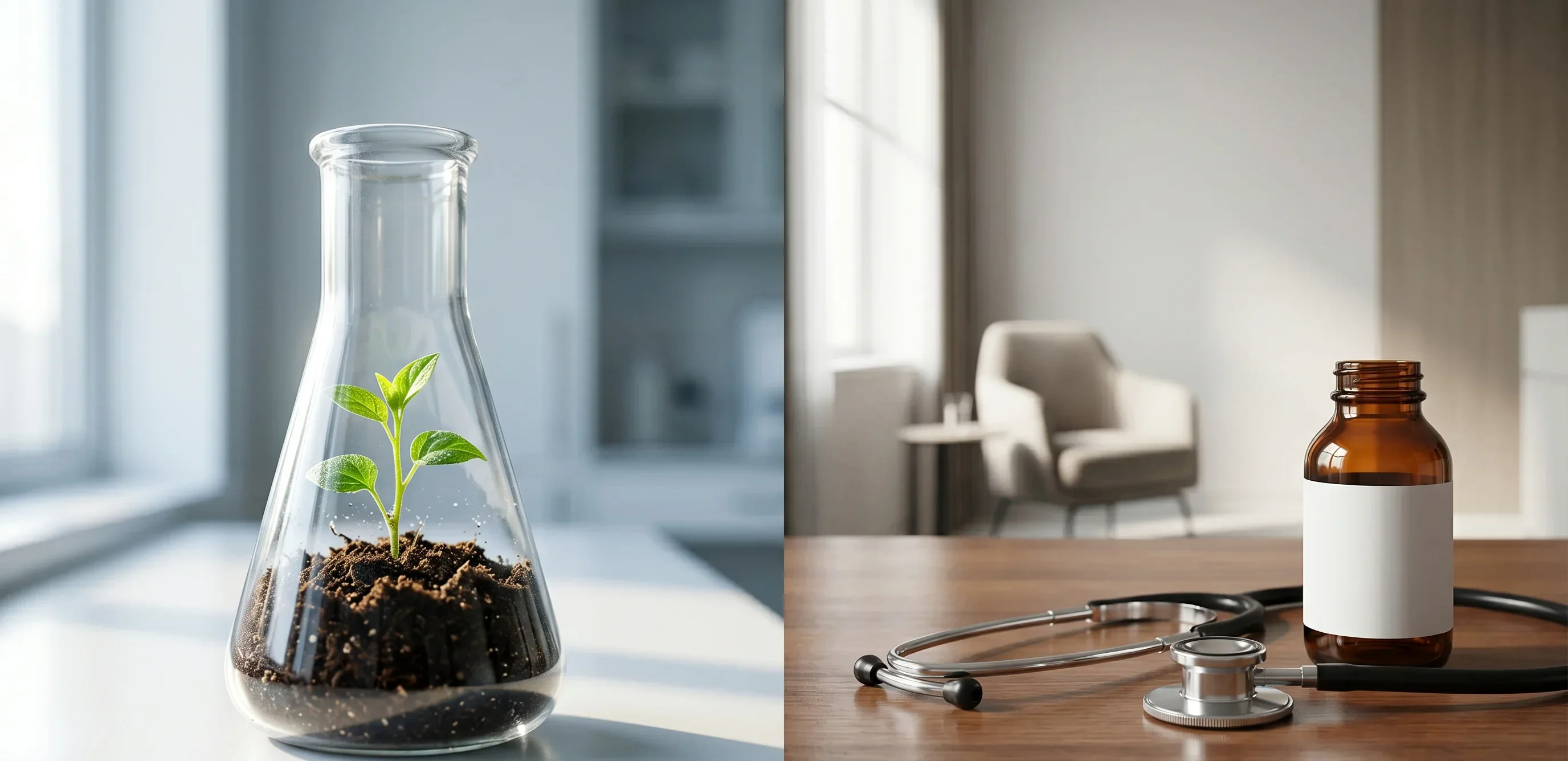 Planta crescendo em frasco de laboratório ao lado de estetoscópio e frasco de medicamento — início do tratamento com cetamina